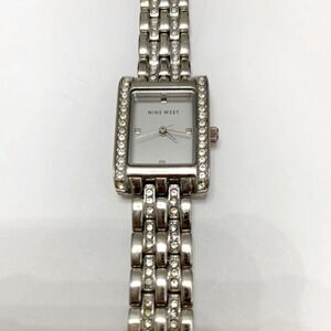 2/$15! Nine West Vintage Crystal Gems Bezel Rectangle Silver Metal Clasp Watch